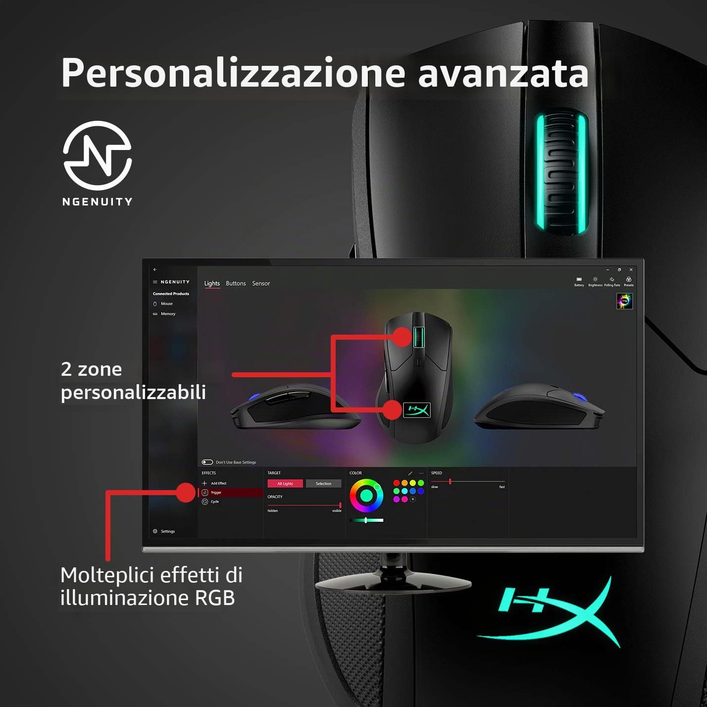 HyperX Pulsefire Dart, Mouse Gaming Senza Filo, Connettività a 2,4 GHz, Illuminazione RGB, 2 Tasti Programmabili, Fino a 16000 DPI, Resistenza fino a 50 Milioni di Clic, Batteria fino a 50 Ore, Nero