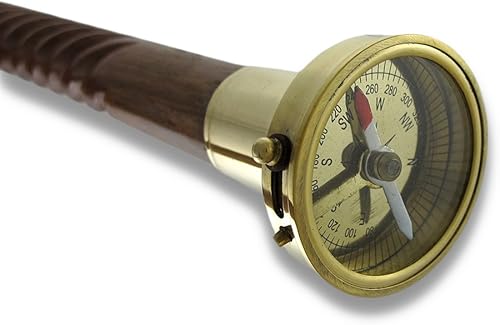 Bastón de madera con eje en espiral con mango de brújula de latón 34 pulgadas.