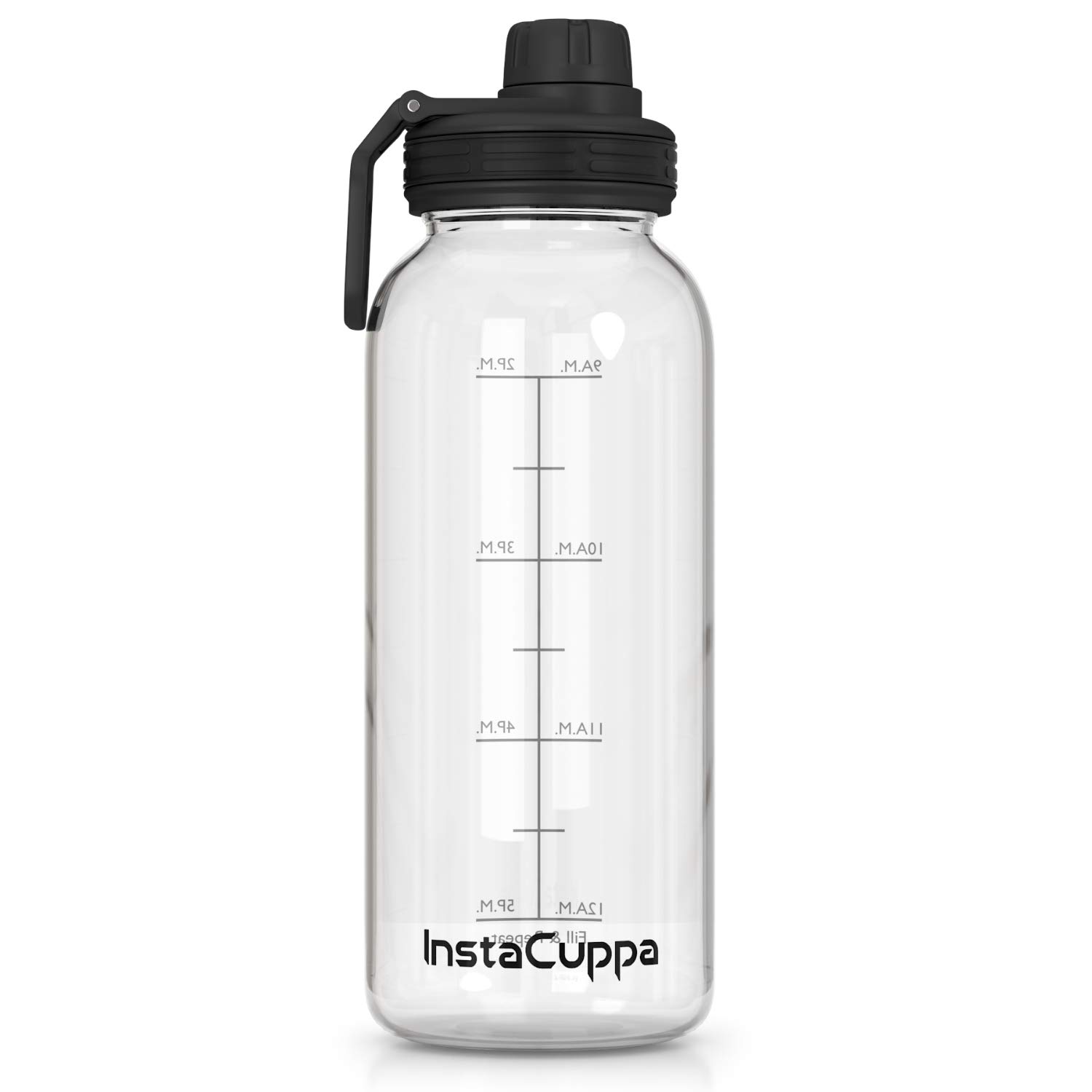 Borosilicate Glass Water Bottle 1000 ML with Innovative Time Markings, BPA Free, Wide Mouth Sports Sipper Lid with Carrying Loop, Removable Neoprene Silicone Sleeve, Black (Pack of 1)