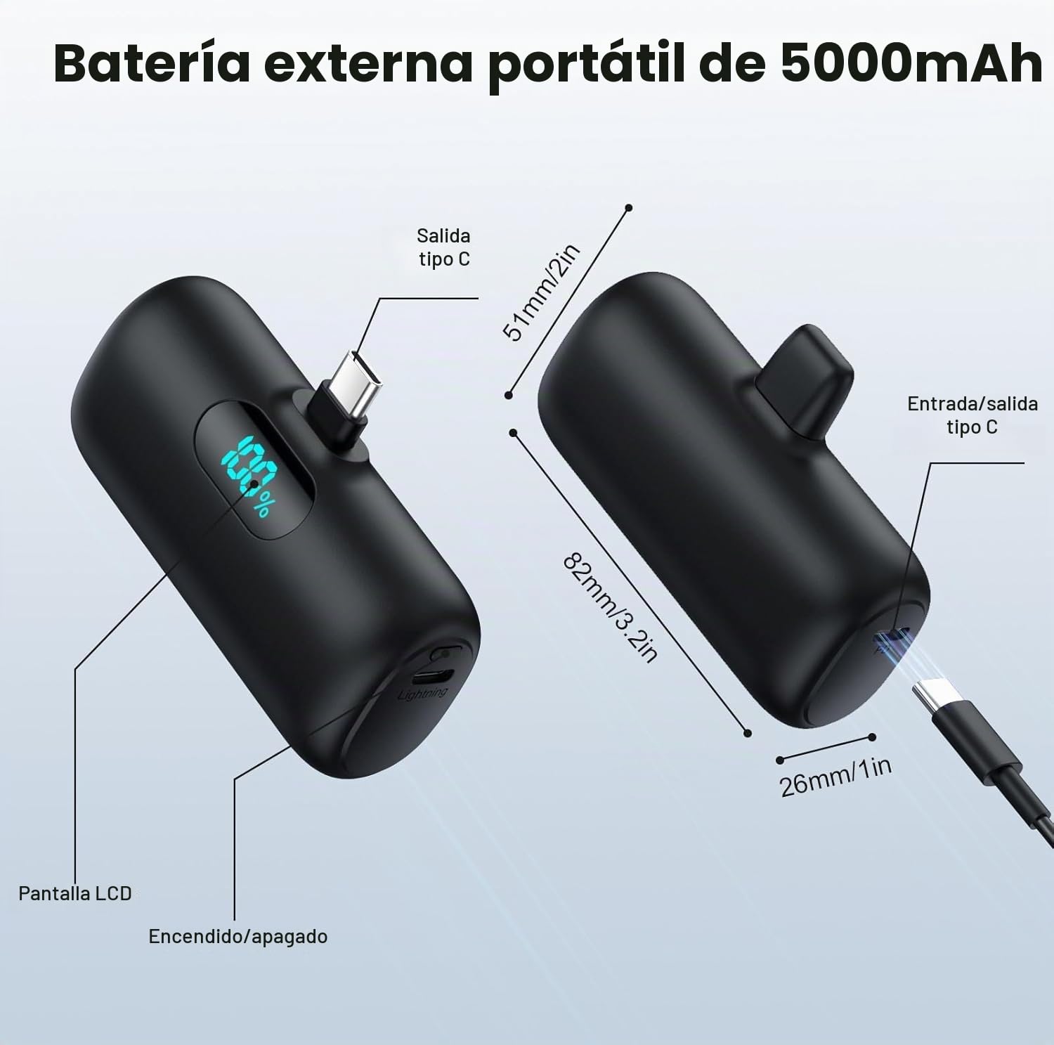 Mini Power Bank USB C 5000mAh, Ultra Compacto Powerbank 15W PD Carga Rapida Cargador Portátil Batería Externa Compatible con iPhone 17/16/15 Serie, Samsung, Xiaomi, Huawei, Switch USB C Teléfonos etc