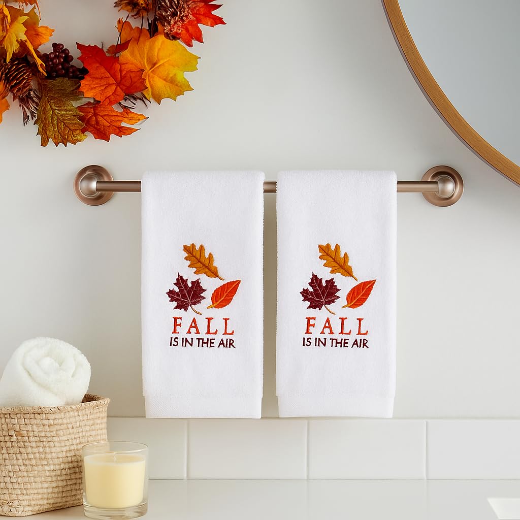 Fall Fingertip Towels Set Of 2 - 12x18 Inch Cotton, Embroidered 'Fall Is In The Air' With Colorful Leaves, OEKO-TEX Certified