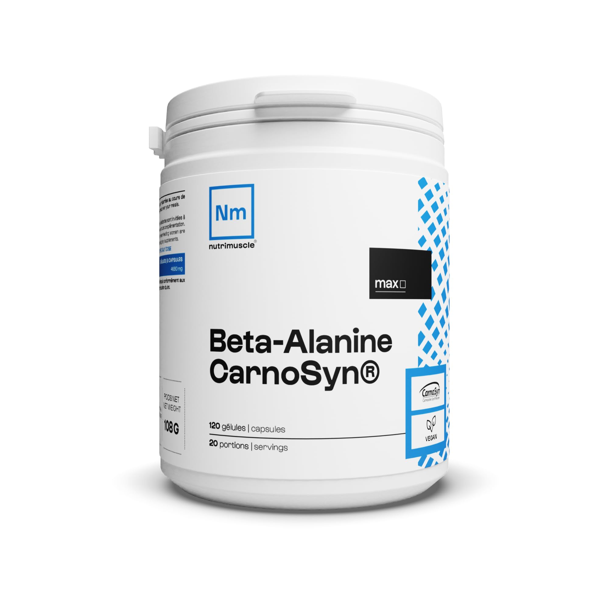 Nutrimuscle Bêta-Alanine Carnosyn 120 Gélules | 100% Pure - 4680 mg par dose - Booster Force et Endurance - Musculation et Fitness - Idéal en Pre Workout - Vegan