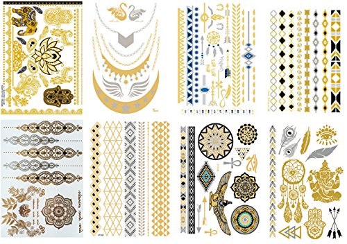 NOVAGO - 8 Fogli Grandi 21 x 15 cm di Tatuaggi temporanei Metallici Brillanti, Nuovi Motivi Assortiti (Argento e Oro)