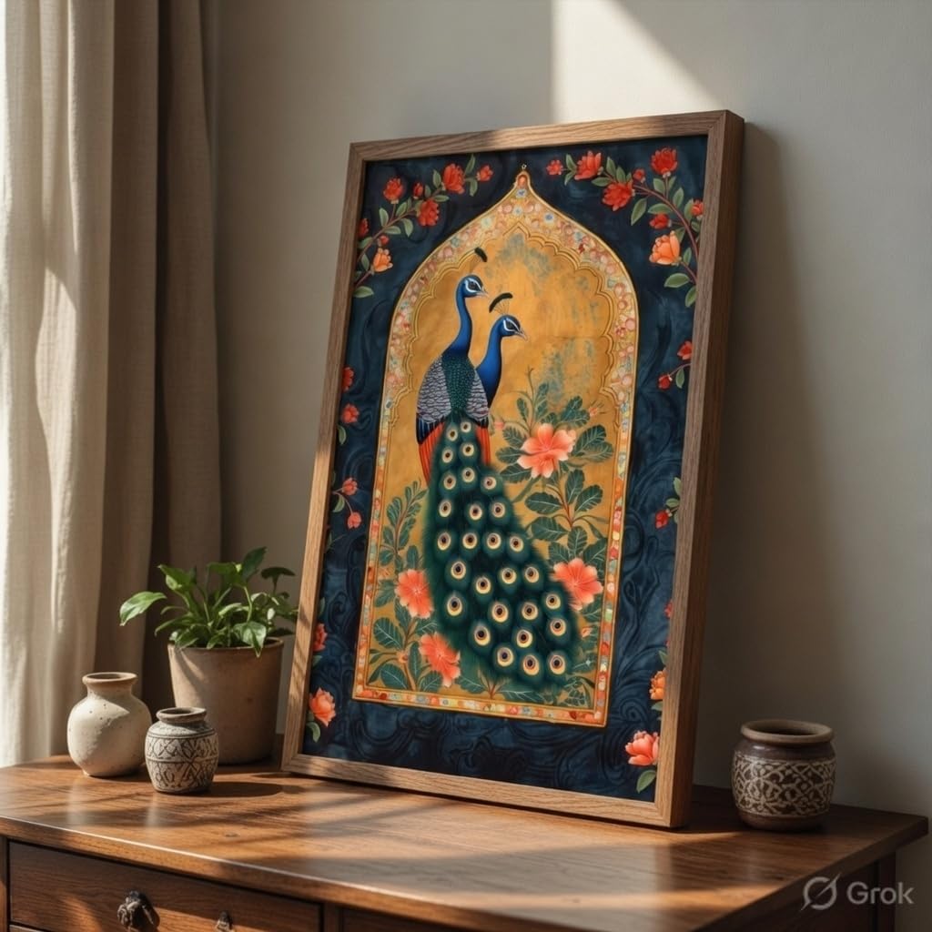 Livin'luxe Royal Peacock Mughal Style Wall Painting with Wooden Frame | Indian Traditional Peacock Art HD UV Laminated MDF Wall Decor | Elegant Bird Artwork for Living Room Bedroom Home Decor-image-32