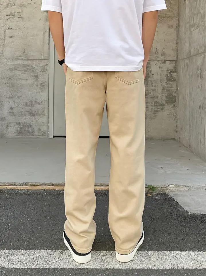 Image of Men's Beige Wide Leg Casual Jeans, Straight Fit