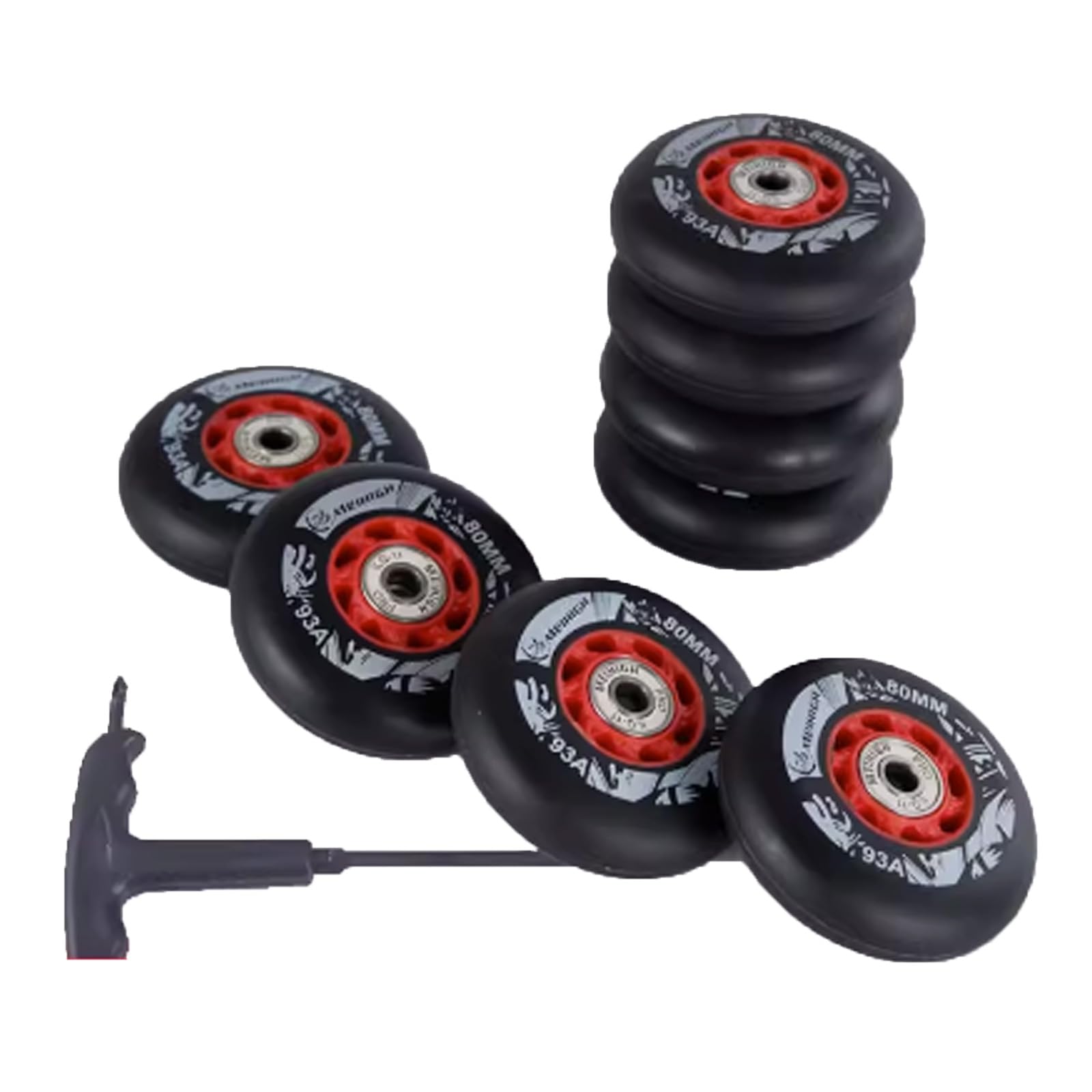 Generico Rotelle per Pattini in Linea Esterno Interno 72 mm/76 mm/80 mm, Durezza 93A, Nero con Anima Rossa, Set da 8 (80 mm)