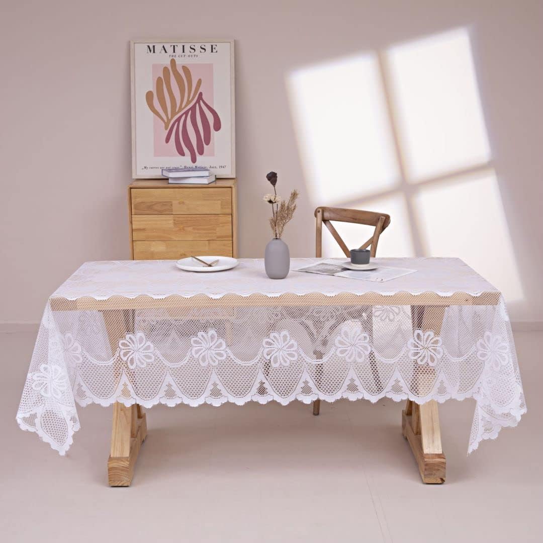 GEFEII White Lace Tablecloth Rectangular Crochet Linen Table Covers for Rectangle Table Oblong Vinyl Floral Lace Tablecloths 60"X104" for Kitchen Wedding Party Chrismas Decoration