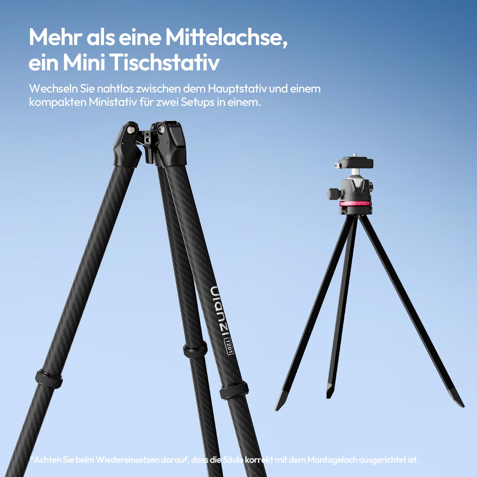 ULANZI TZ01 Carbon Stativ Kamera 160cm, Abnehmbare Mittelachse als Mini Stativ, 360° Kugelkopf mit Handyhalterung, kompatibel mit Uka & F38, 1,1kg Leichtes Reisestativ für DSLR Smartphone Vlog