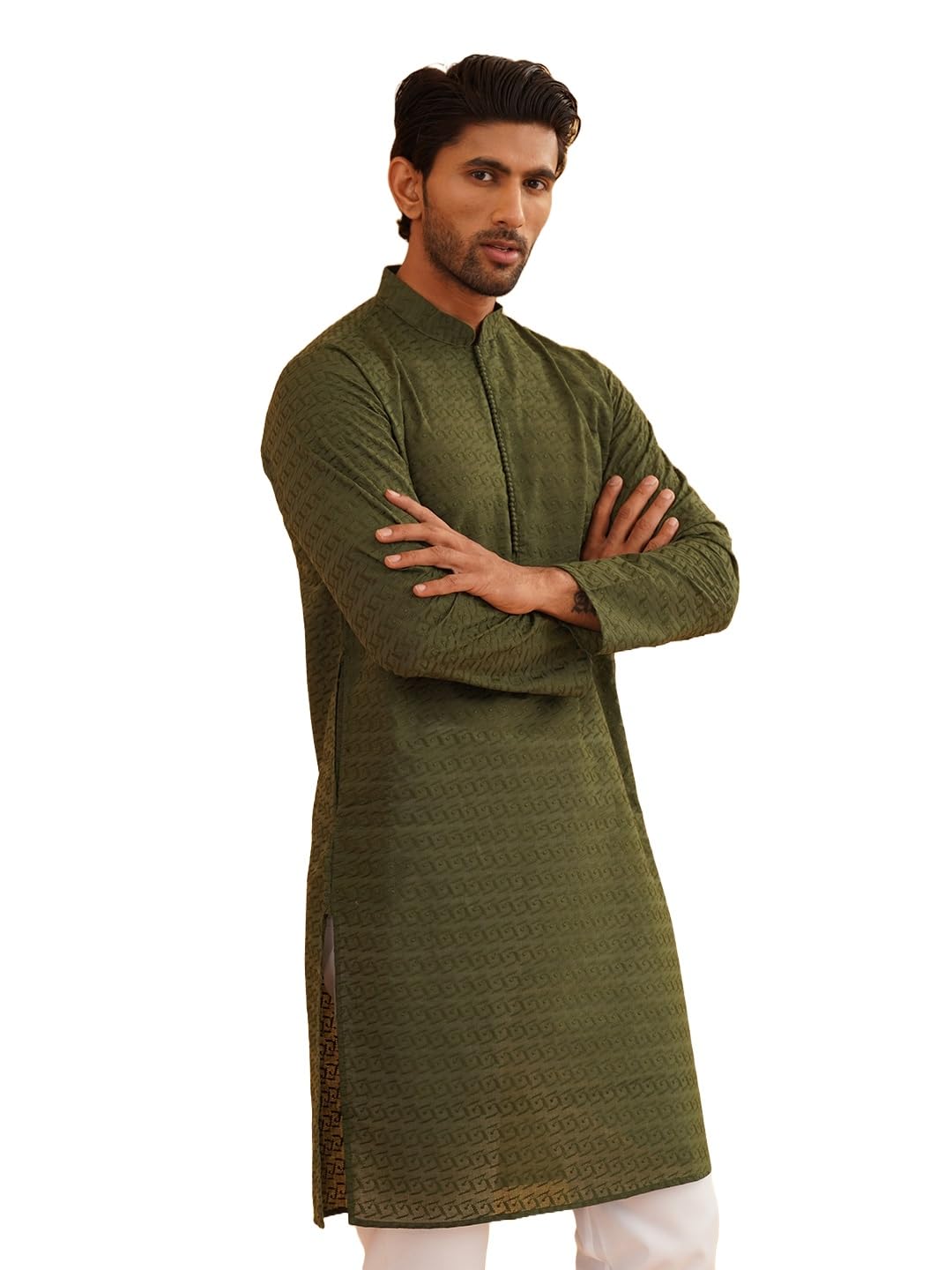 (Since 1958 Men’s Cotton Long Kurta with Geometric Embroidery – Straight Fit Diwali Festival Ethnic Outfit-image-34
