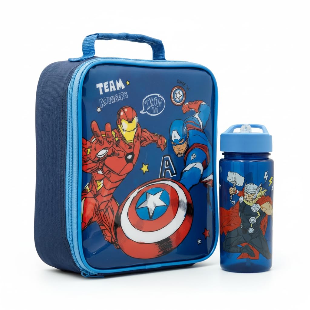 Marvel Avengers Kids Insulated Lunch Bag & 500ml Bottle Set – Iron Man, Captain America & Thor Team Avengers School Lunchbox