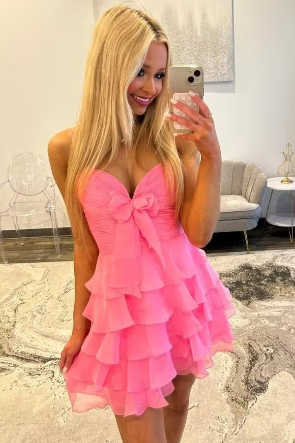 Raseal Chiffon Bowknot Homecoming Dresses for Teens Tiered Mini A Line Prom Party Gown RS2234