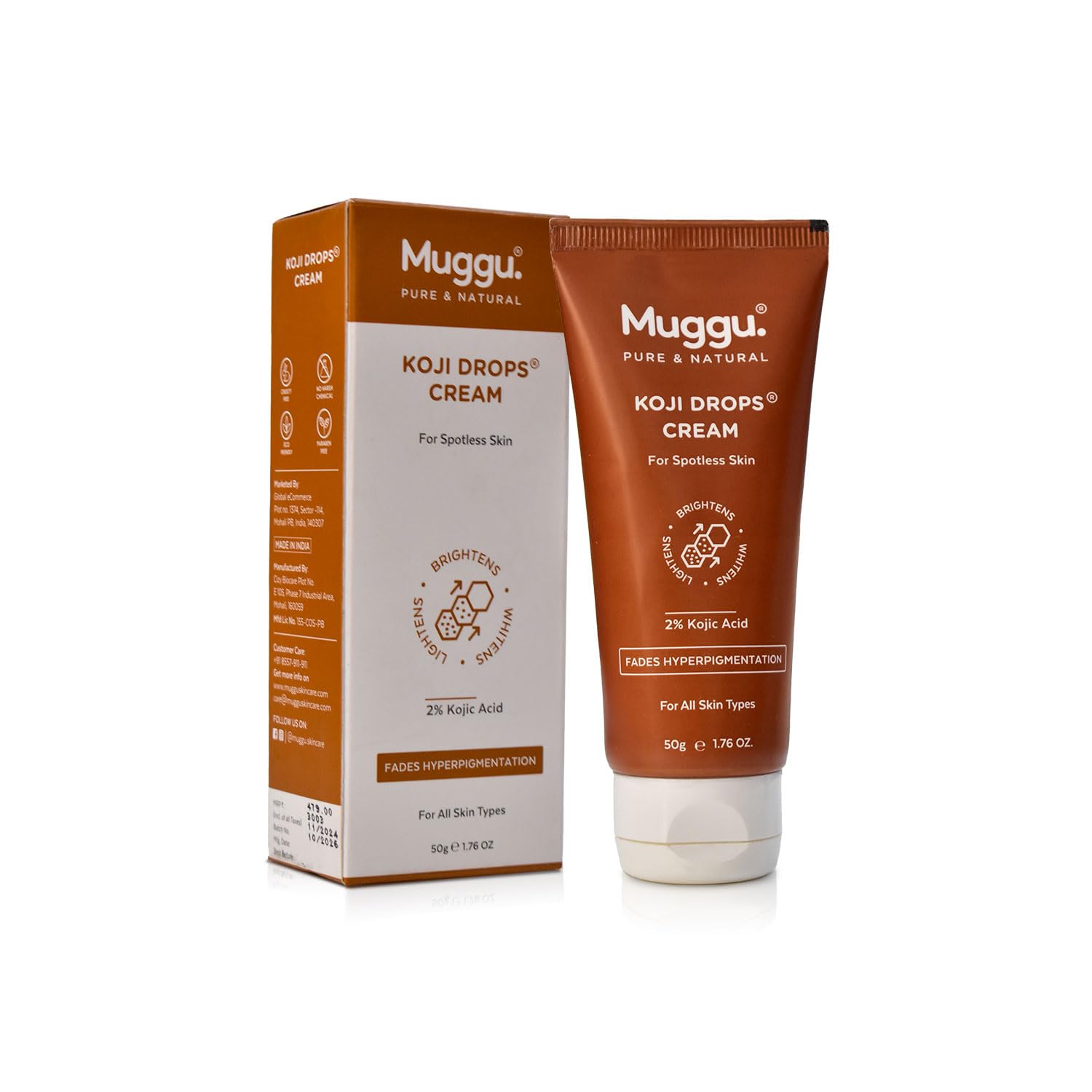 Muggu Skincare Koji Drops Cream | Hyperpigmentation Cream for Women & Men - Dark Spots Removal for Neck, Underarms, Ankles, Knees, Elbows, Thighs, Knuckles | Face & Body Use | 50g