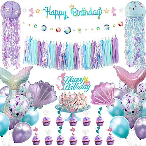 Mermaid Birthday Party Decorations Supplies Banner Tassel Garland Bubble Garland Hanging Jelly Fish Paper Lanterns Balloons Cake Topper Mermaid Happy Birthday Decorations for Women by Family Pro - Used condition - US$16.82