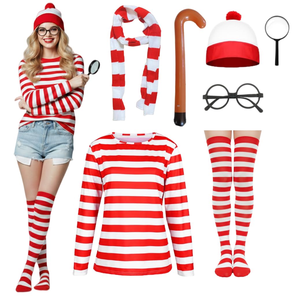 Zynthytic 7 Pcs Wally Costume for Kids Adults Red and White Striped T-shirt Cosplay Accessories with Bean Hat Magnifying Glass Scarf and Socks World Book Day Fancy Dress for Women Men(Women
