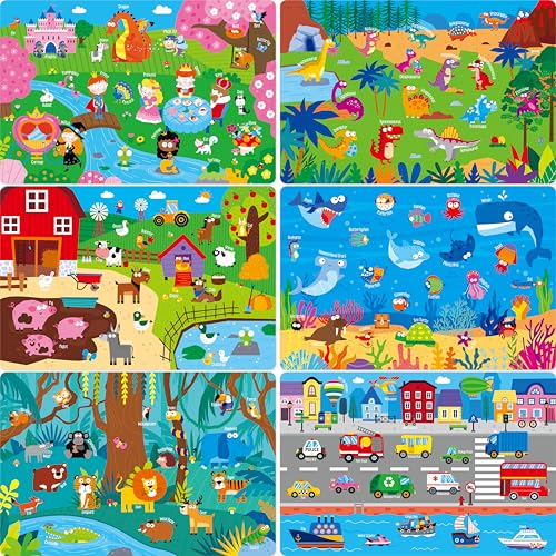 6 Pack Placemats for Kids Non-Slip Washable Dining Mats Reusable Jungle Underwater World Farm Dinosaur Vehicle & Magic World Table Mats for Home Kindergarten Classroom Nursery