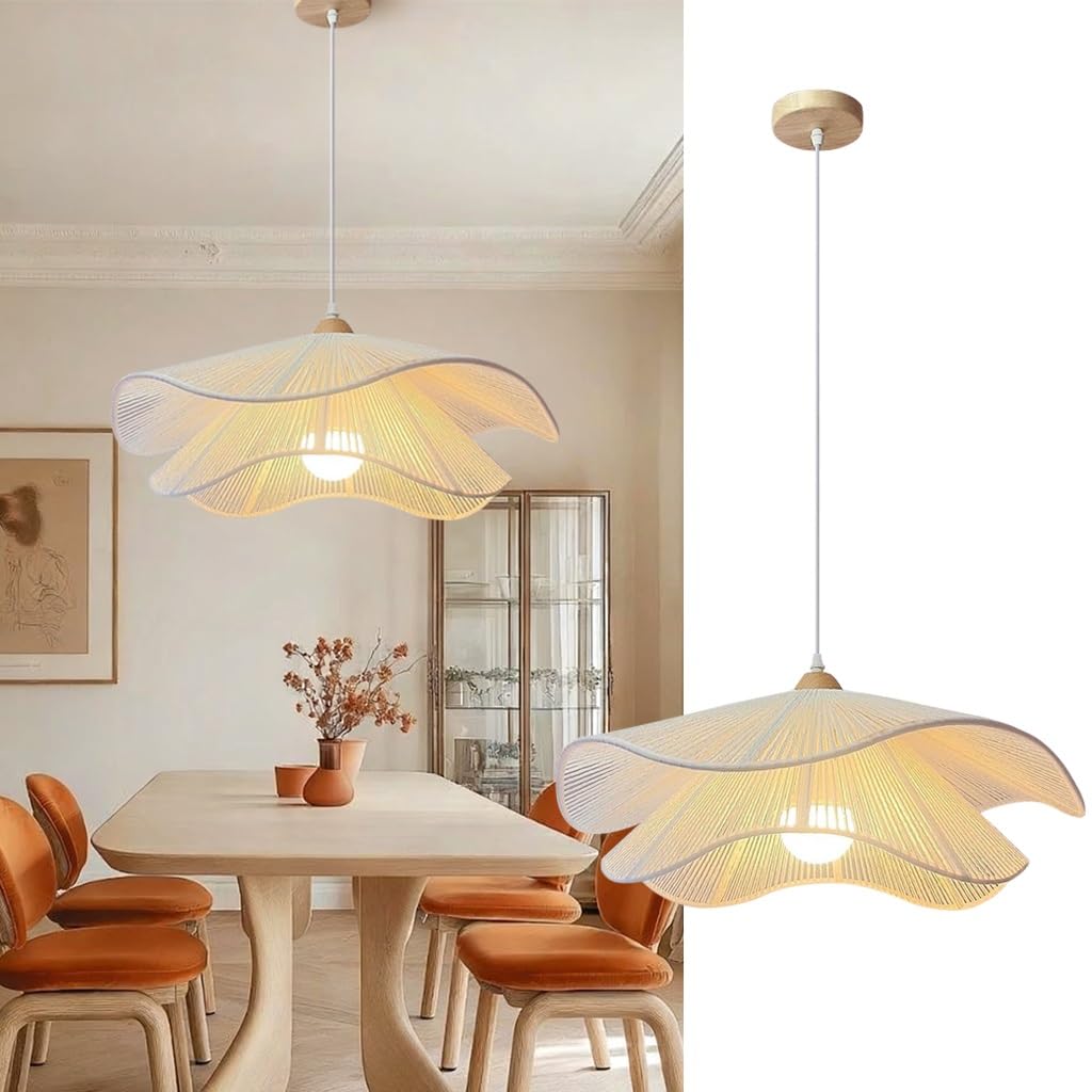 Rattan Hängelampe Vintage Pendelleuchte Im Landhausstil Kronleuchter Im Böhmischen Stil Für Den Esstisch LED Deckenleuchte Geeignet Für Kücheninsel Esszimmer Wohnzimmer Schlafzimmer(Weiß,50CM)