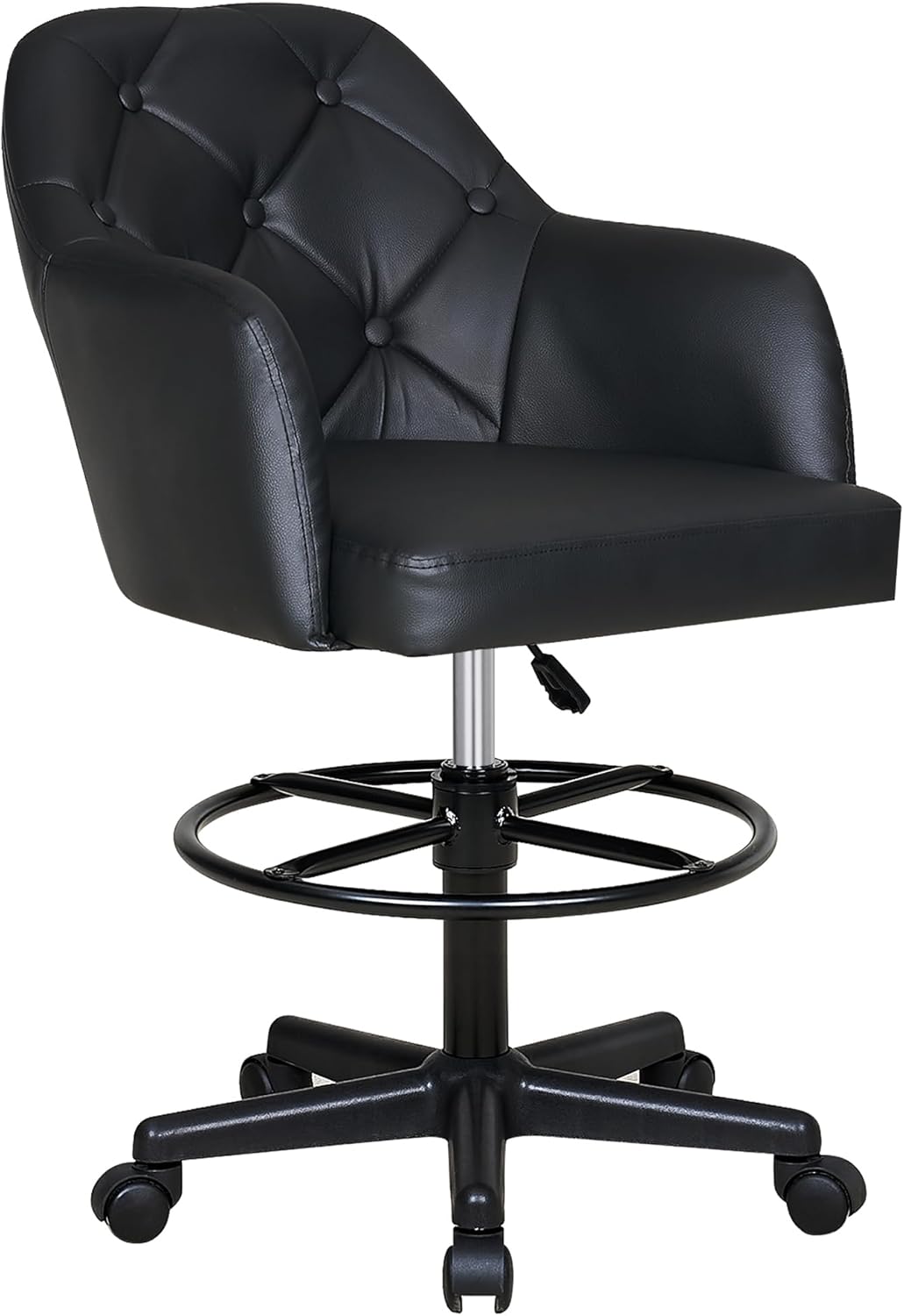VECELO PU Leather Drafting Chair with Low Back and Footrest Ring, Height Adjustable, Swivel Rolling Wheels, for Drawing/Standing Desk/Office, Black