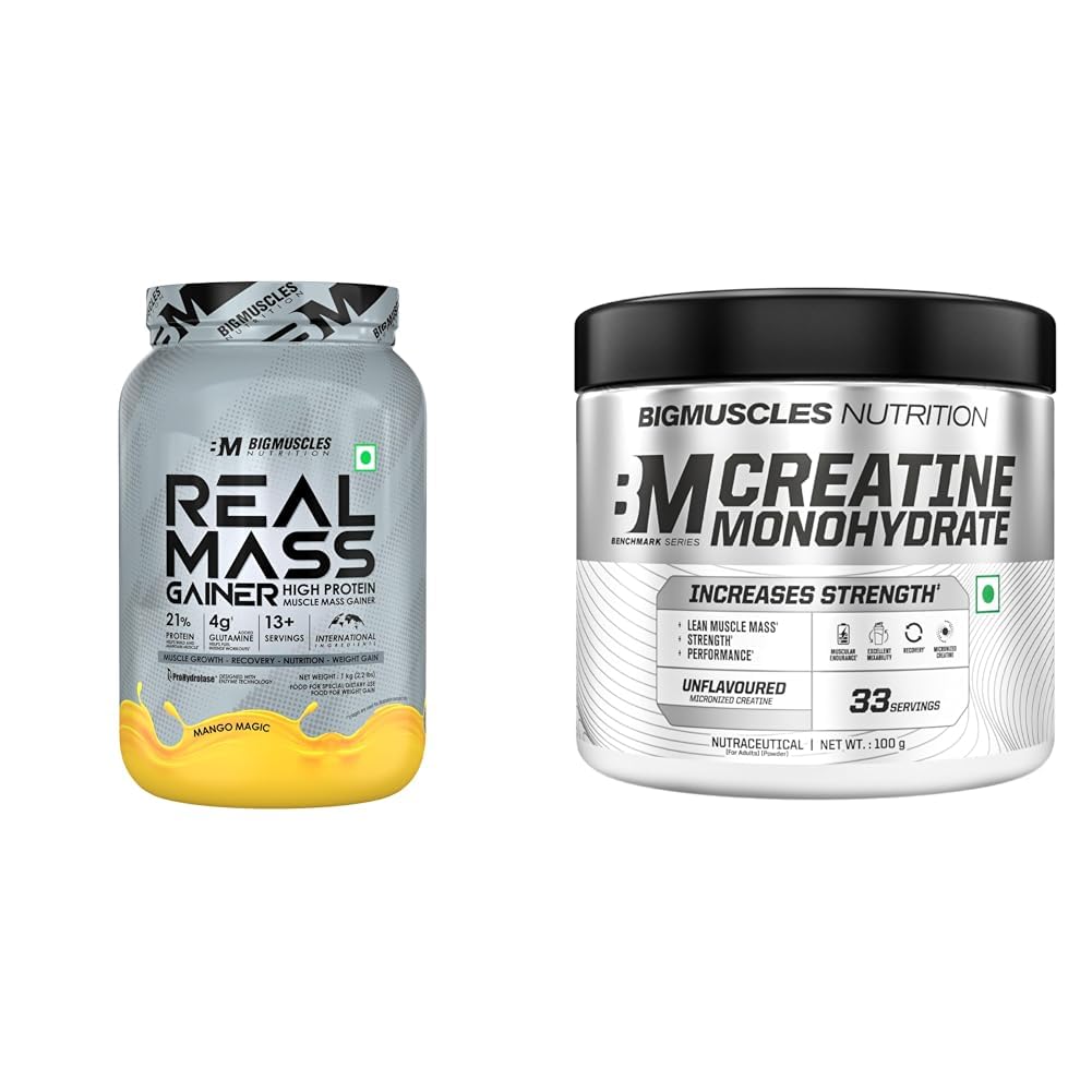Bigmuscles Nutrition Real Mass Gainer [1Kg,Mango Magic]|Lean Whey Protein Muscle Mass Gainer|Compl | Bigmuscles Nutrition Creatine Monohydrate [33 Servings, Unflavoured] | Micronised Creatine Powder-image-8