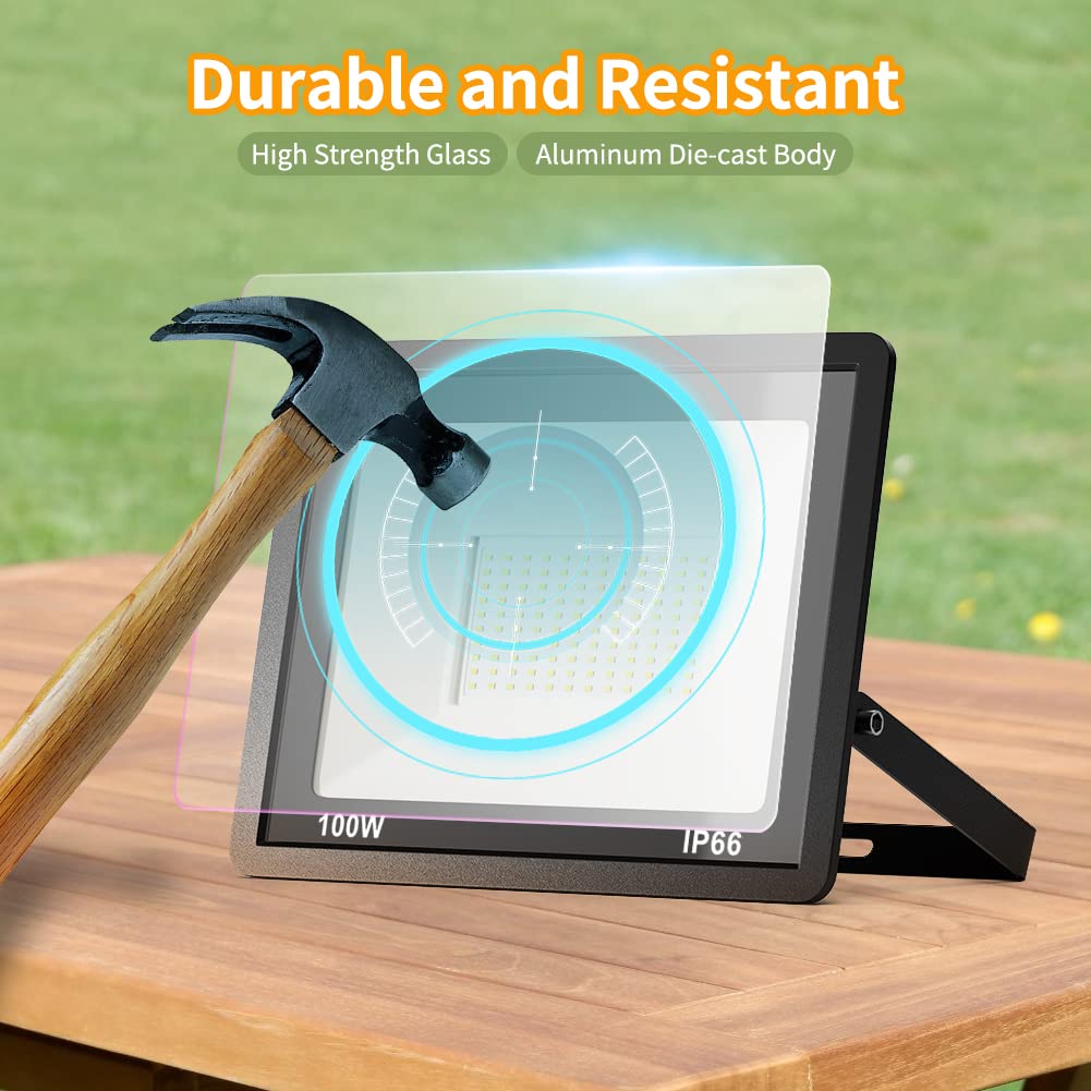 JESLED Faretto LED da Esterno, 100W 10000LM Super Luminosa Faro LED Esterno, 144LED 6000K Bianco Freddo Faretti LED Esterno, Impermeabile IP66 Fari LED da Esterno per Giardino Garage(Cavo da 1M)