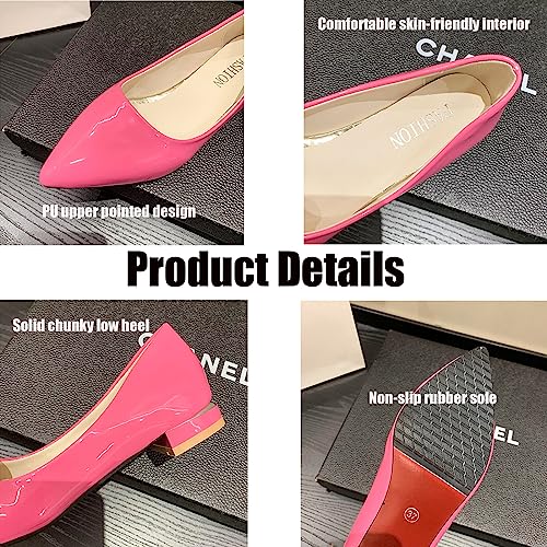 Women's Pointed Toe Slip-on Low Heel Flat Pumps,Fashion Non-Slip Soft Bottom Cute Candy Colors Office Work Dress Leather Shoes Beach Walking Casual Flats Chunky Heels Pumps2