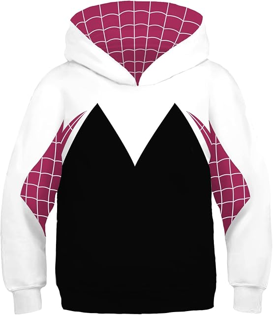 NOMISDUN Boys Girls Pullover Hoodies Spider Gwen Hooded Sweatshirts Halloween Christmas Jumper Novelty Superheros Long Sleeve Tops Kids Cosplay Costume Sports Sweater,White-Kids/L/145~155cm