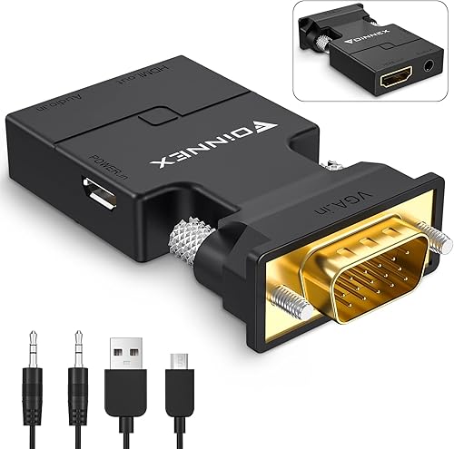 FOINNEX Convertidor adaptador VGA a HDMI con audio, (salida de fuente de PC VGA a TVmonitor con conector HDMI), VGA macho activo en HDMI hembra