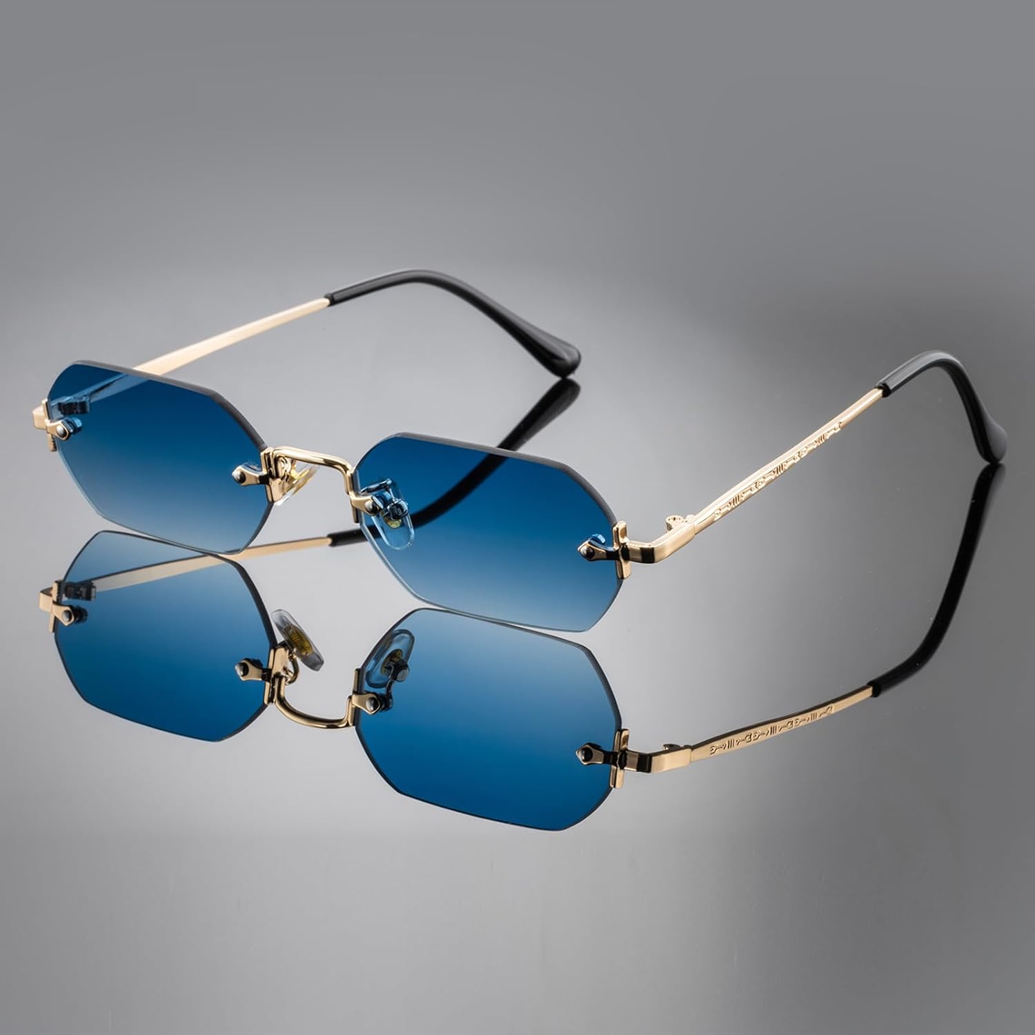 Rimless Rectangle Sunglasses Men Women Metal Small Gold Polygon Blue Shades UV400 Frameless Sun Glasses - Image 6