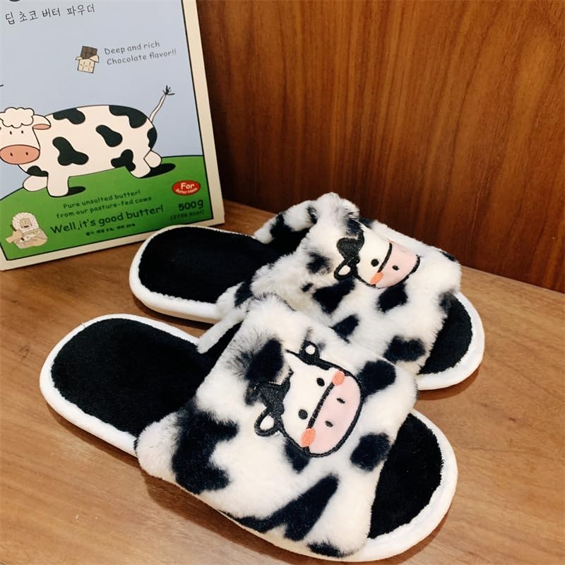 Loizziuy Cartoon Cow Embroidered Fuzzy Bedroom Slippers Sandals for Vacation Casual Womens Girls3