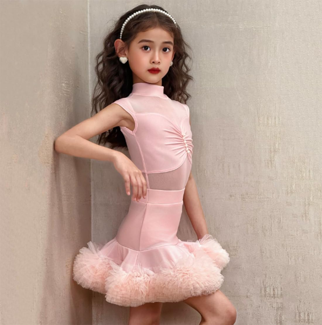 OTMYIGO Vestido de Baile Latino para niñas, Trajes de Baile de salón para niños, Trajes de Baile de Samba Tango y Salsa Atuendo de competición para presentaciones en el Escenario