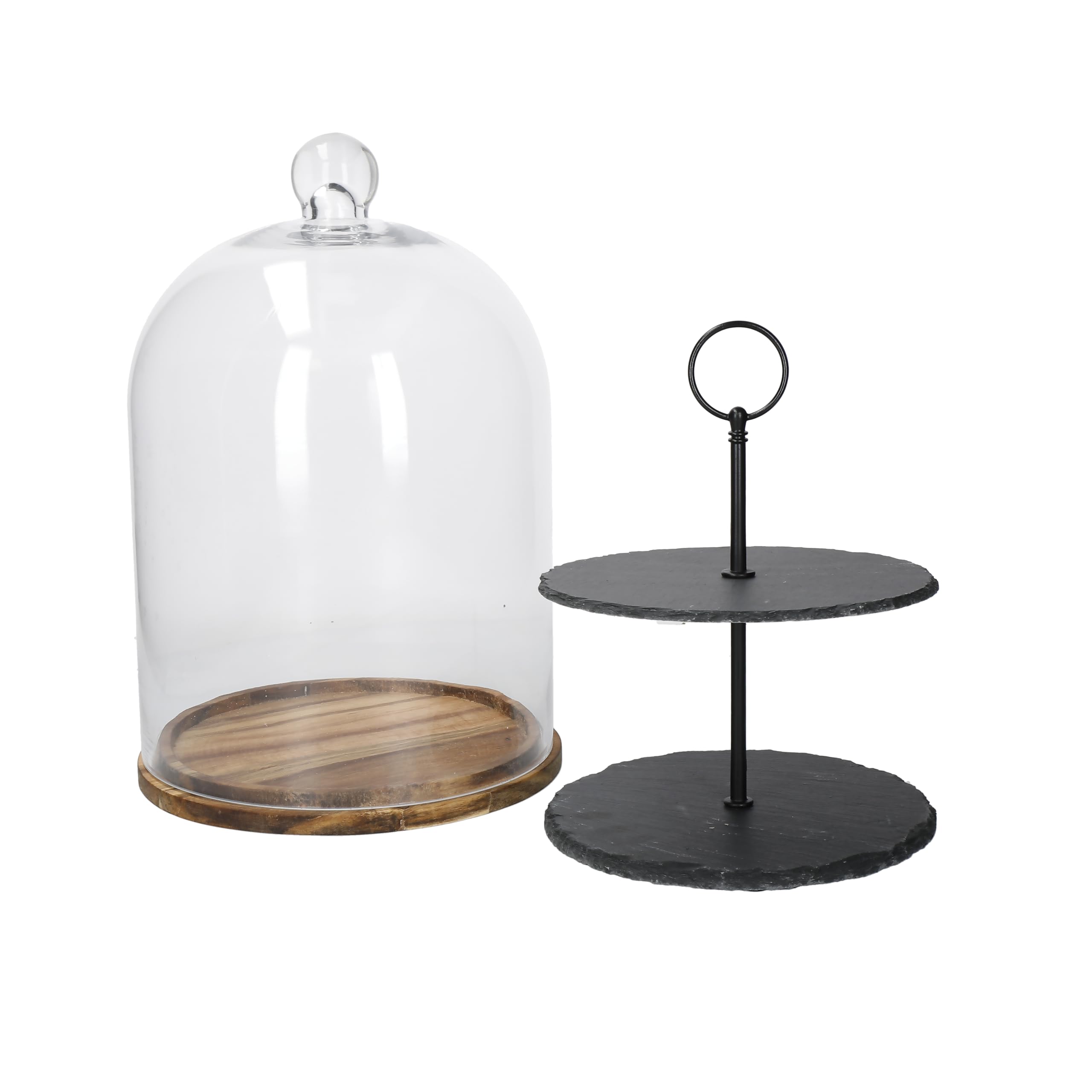 Artesà Soporte de 2 Niveles/Cúpula para Tartas, Cubierta de Cristal para Exhibición de Alimentos/Almacenamiento con Platos de Pizarra Escalonados y Base de Madera, 22 x 31 cm - Negro/Cristal Transparente/Madera