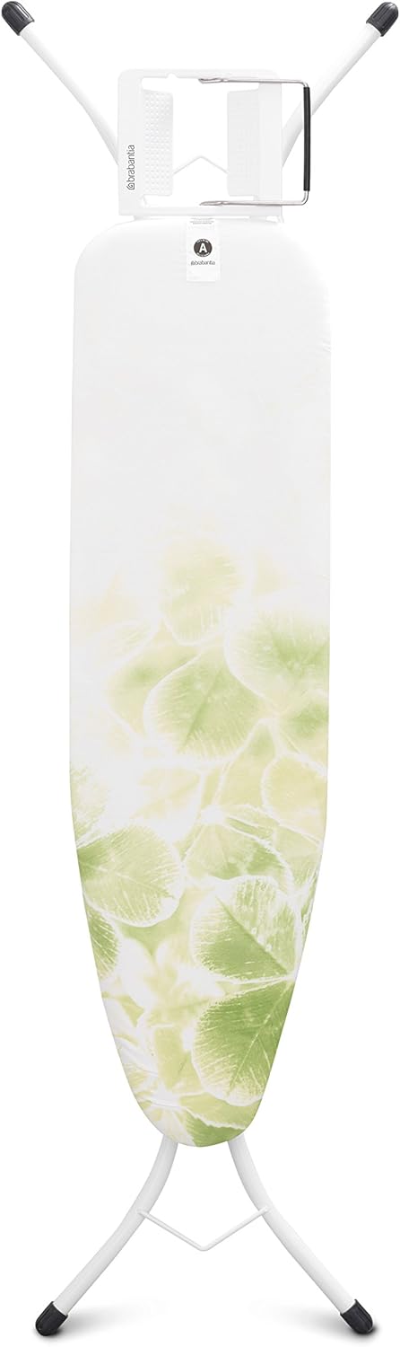 Brabantia 111143 - Mesa de planchar, Soporte para planchas de vapor, Estructura Blanco Puro, Multicolor (Leaf Clover), 110 x 30 cm