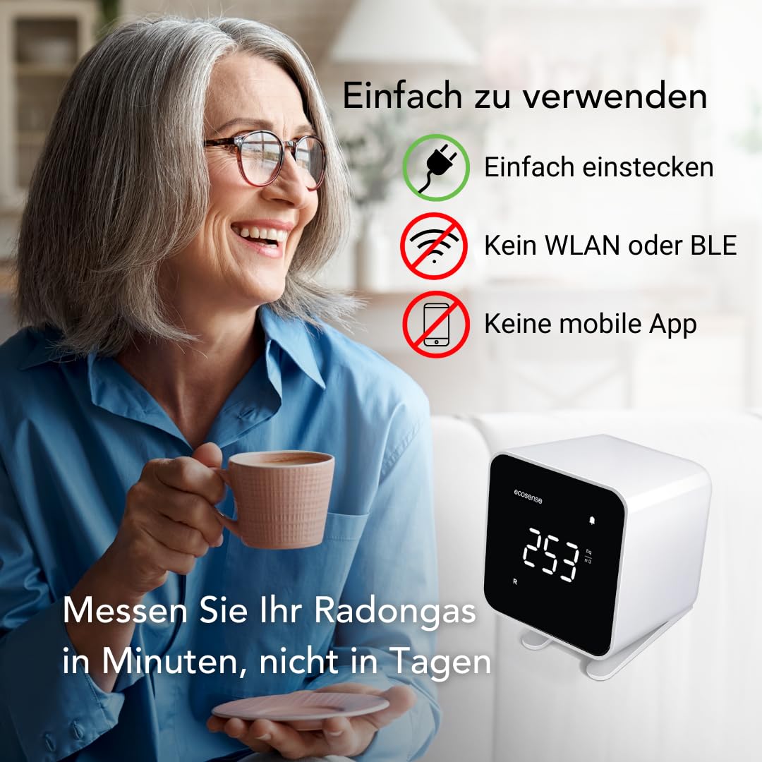 Ecosense EB100 EcoBlu, Heim-Radondetektor, Erfassung und Anzeige von Ergebnissen alle 10 Minuten, kurz- und langfristige, kontinuierliche Überwachung, einfach zu bedienen