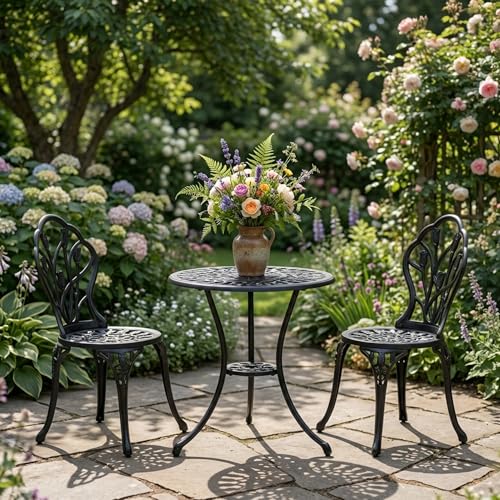 GIANTEX Salon de Jardin Exterieur 2 Personnes, Table et 2 Chaises en Fonte d'Aluminium, Résistant aux Intempéries, avec Trou pour Parasol, Pieds Réglables,...