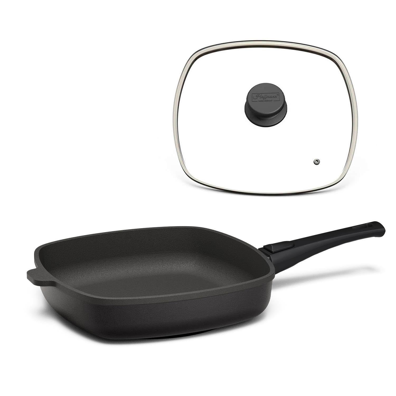 Hoffmann STONIQ Viereckpfanne 28 x 28 cm PFAS-frei | Induktionspfanne Aluminium Handguss Made in Germany | Antihaftbeschichtung mineralisch | abnehmbarer Stiel | backofengeeignet (Mit Glasdeckel)