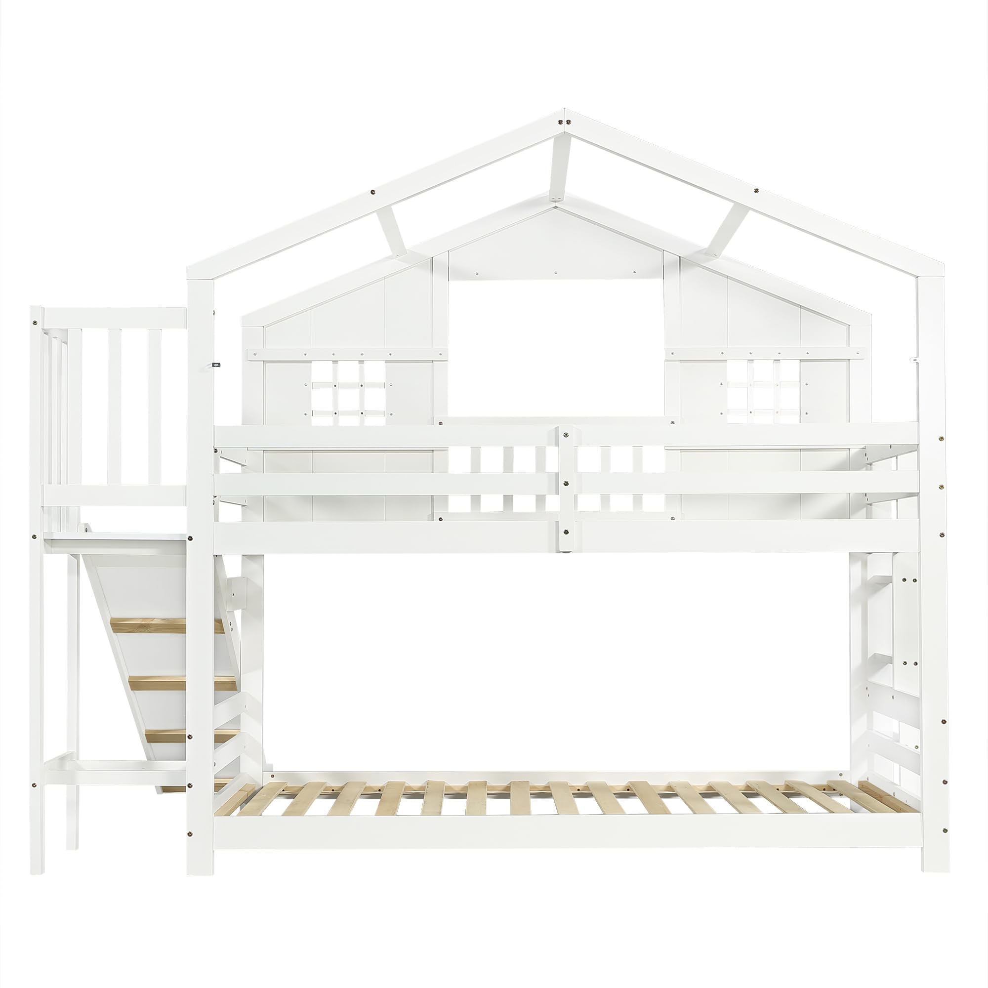 Etagenbett mit Kinderrutsche, Kinderbett, Exquisites Fenster- und Dachdesign, Stabiler Lattenrost und Stufen, Kiefer + MDF+Sperrholz, Weiß, 90x200cm