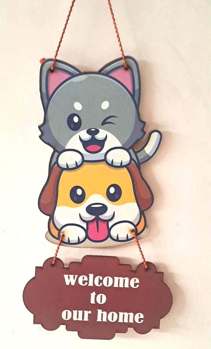 jwalpa creation Cute Cat & Dog Welcome Sign for Home Decor | 12x4 Inch Wooden Wall Hanging for Pet Lovers | 'Welcome to Our Home' Entryway Plaque office, cafe, bedroom,balcony living room-picture-35