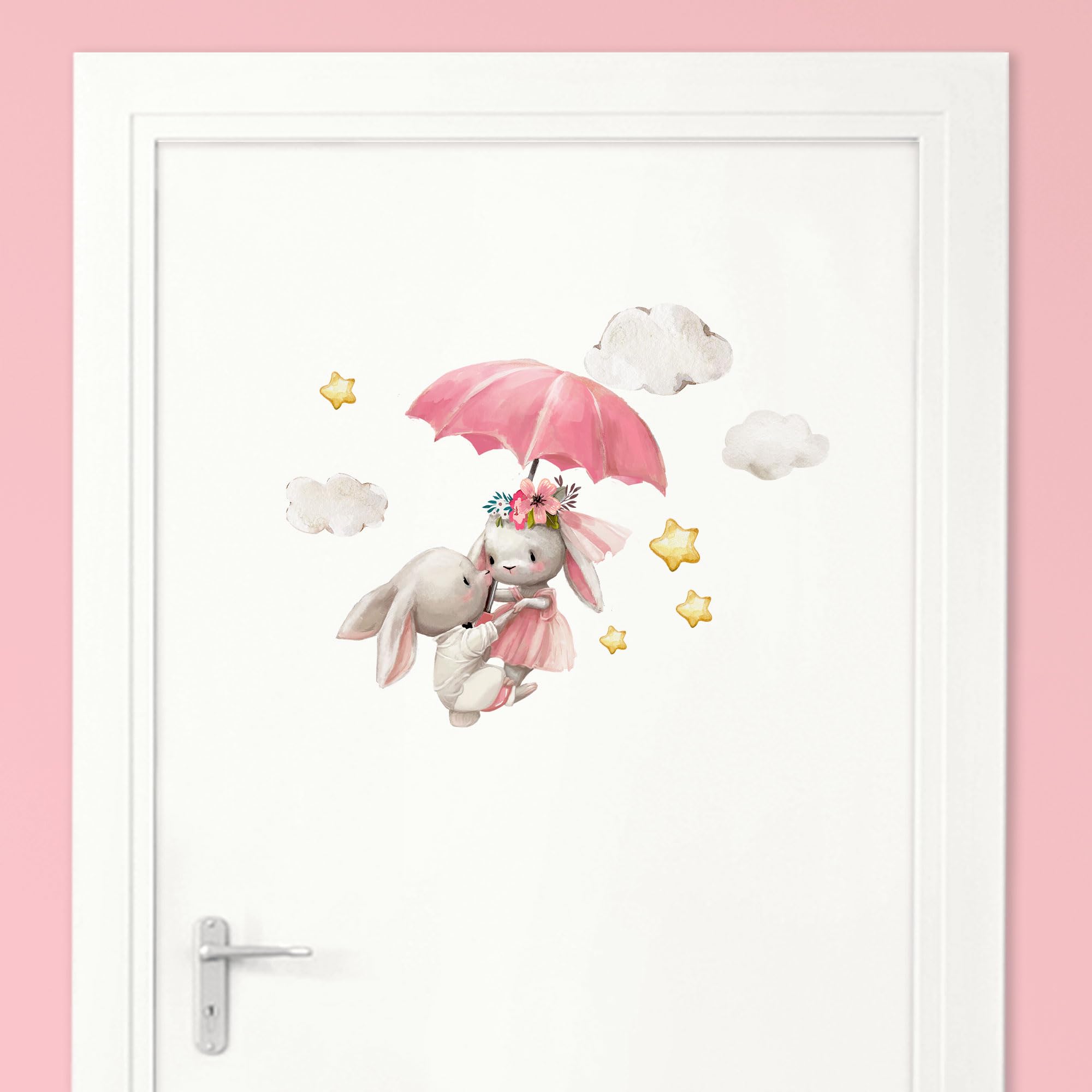Little Deco Türaufkleber, Wandtattoo Kinderzimmer, Wandsticker, Sticker personalisiert, Babyzimmer Deko, Wunschtext Aufkleber, Tür Namensschilder Kinder, Stickers selbstklebend, Hasen mit Schirm