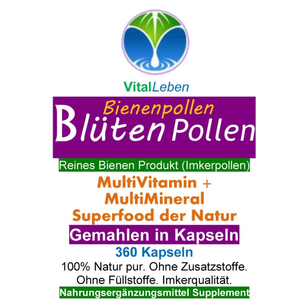 BLÜTENPOLLEN Bienenpollen 720 (2x360) Kapseln SUPERFOOD OHNE ZUSATZSTOFFE natürliche Vitamine, Mineralien, Antioxidantien. Reine Imkerpollen, Imkerqualität. Kalt vermahlen. 100% NATUR pur. 27000-6