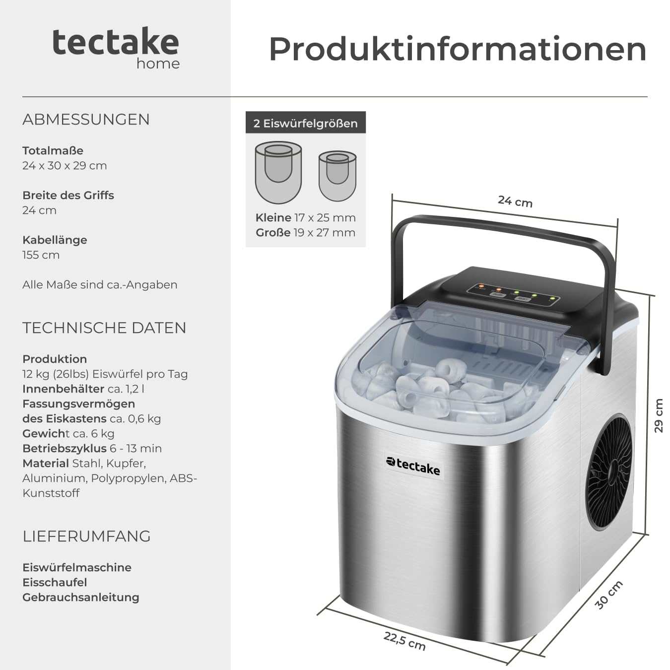 tectake® Eiswürfelmaschine, Ice Maker mit Griff, Eiswürfelbereiter, Maschine bereitet 9 Würfel in 6min, 12kg in 24h, 1,2 l Volumen, 2 Eiswürfelgrößen, selbstreinigend, mit Eisschaufel, Bar - silber