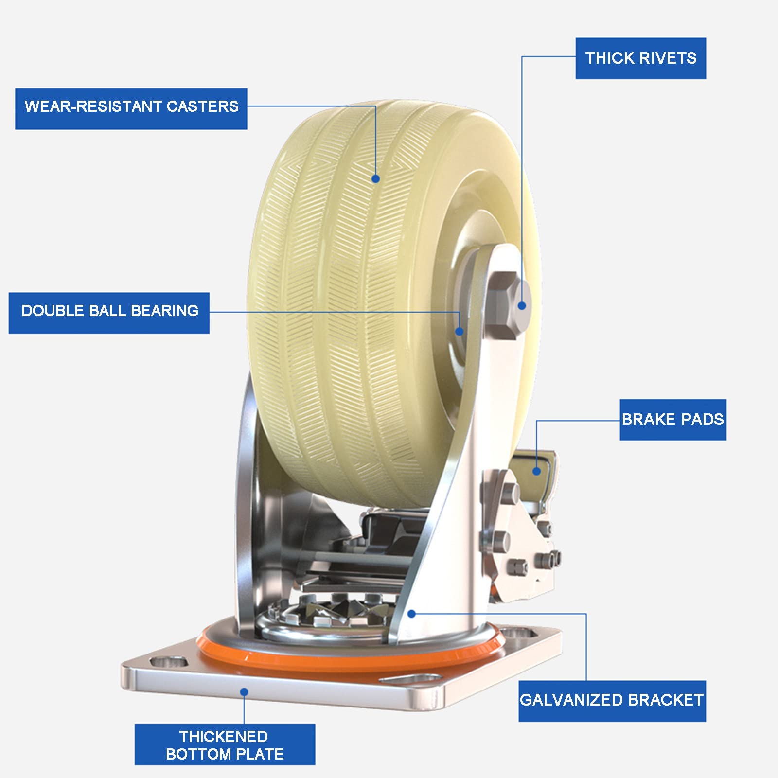 Set di 4 Ruote industriali a C Resistenti da 5 Pollici in Nylon per mobili, silenziose e Portatili, con Freno, Larghe 45 mm, rulli di Ricambio per Una Facile Mobilità.