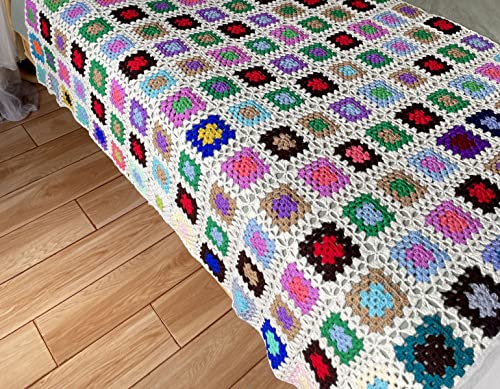 RISEON Handmade Granny Square Crochet Throw Blanket Sweater Style Mat, Crochet Quilt, Multicolor Boho Travel Accent Decor Throw for Sofa Comforter Couch Bed Recliner Living Room Bedroom (White)