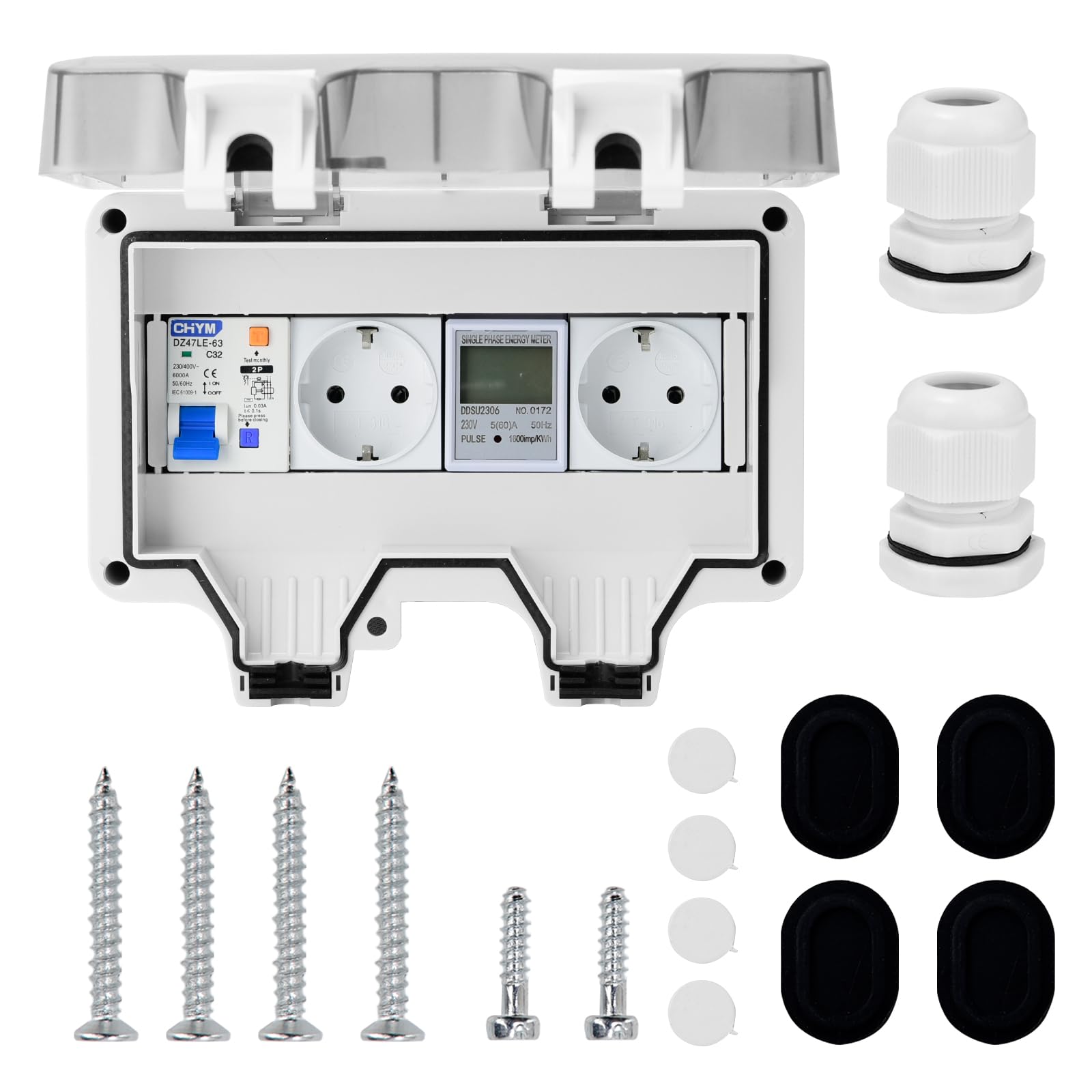 Caja de distribución superficie 230V IP66 impermeable con medidor electricidad y RCD