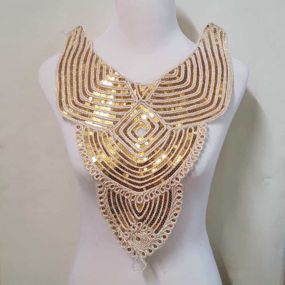 1pc Gold Embroidery Ethnic Style Collar Venise Sequin Floral Embroidered Applique Lace Neckline Collar Garment Accessories (Color H)