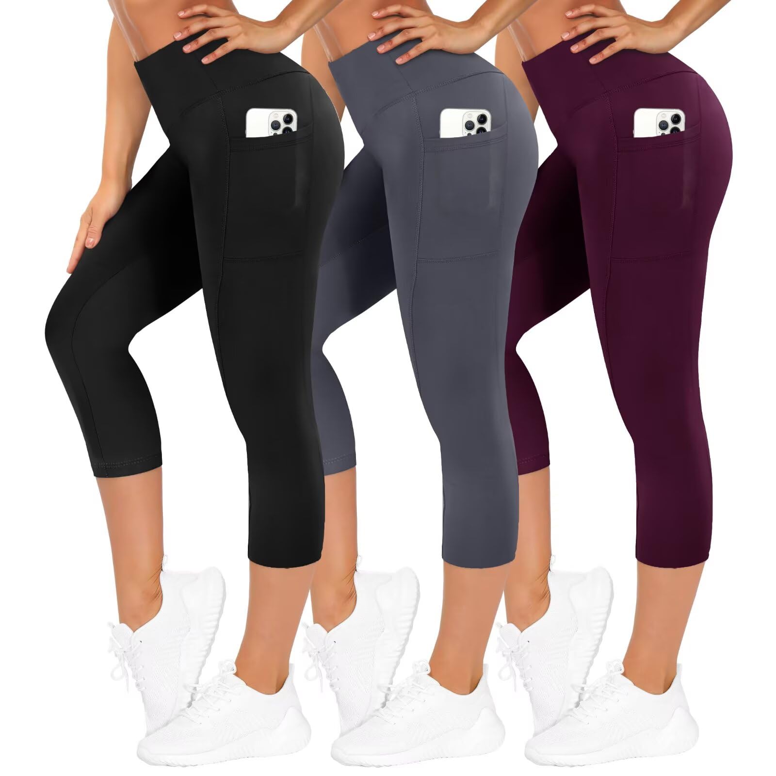 TNNZEET 3er Pack Leggings Damen 3/4 mit Taschen Capri für Sport, High Waist 7/8 Caprihose Sporthose für Gym (Schwarz/Dunkelgrau/Violett,L-XL)