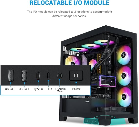 SAMA V50 Full View Glass ATX Gaming PC Case, 4 ARGB PWM Fans, USB-C Black