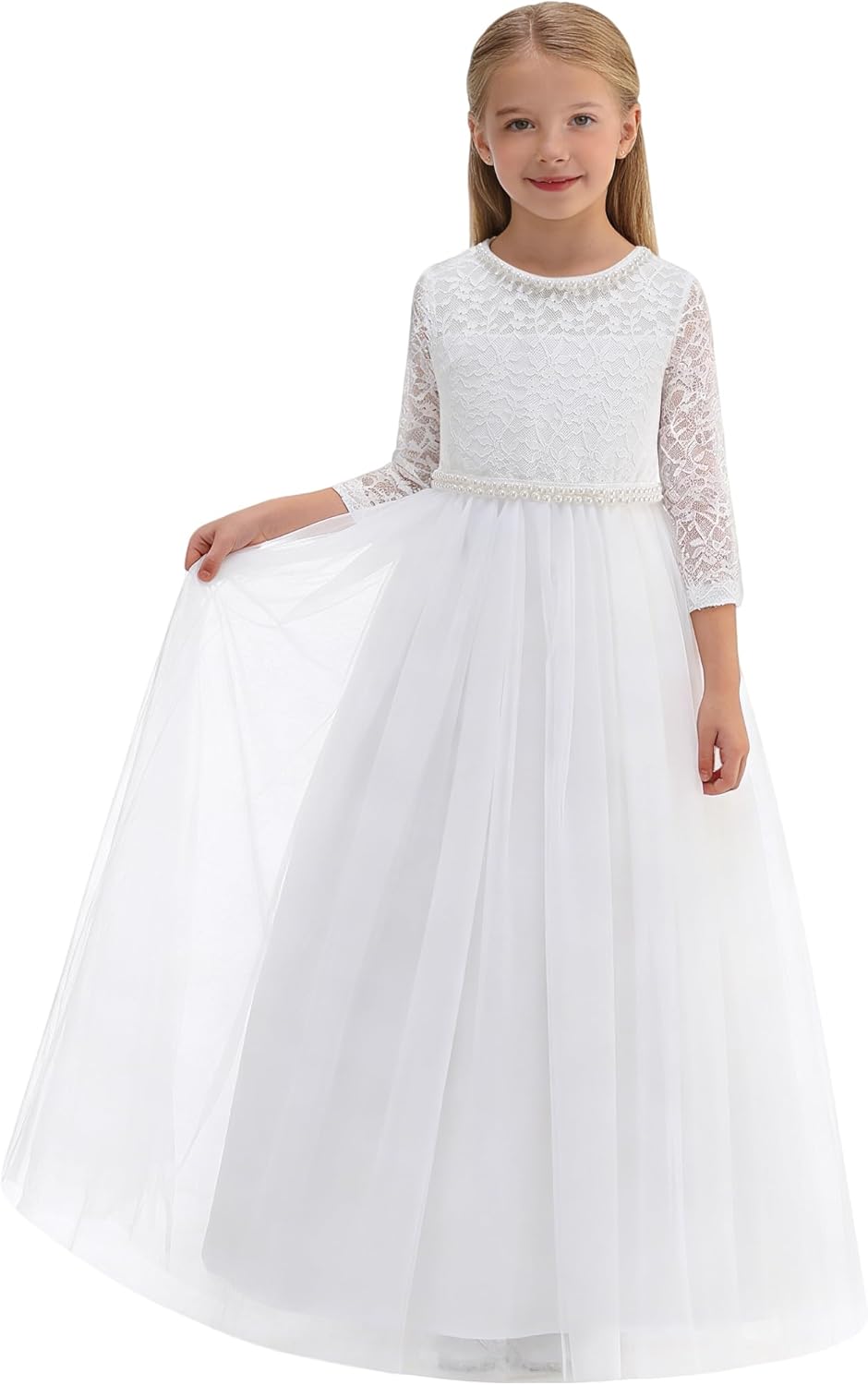 Flower Girl Dress Vintage Floral Lace 3/4 Sleeves Wedding Formal Dress Pageant Birthday Party Tulle Pearls Ball Gowns