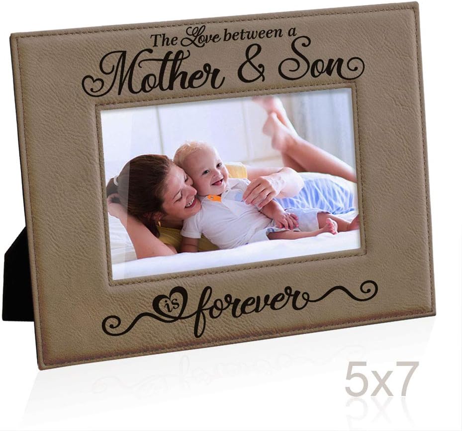 KATE POSH The Love Between a Mother & Son is Forever Engraved Leather Picture Frame, Mother of The Groom, Best Mom Ever, First Mother's Day, Mommy & Me Gifts (5" x 7" Horizontal)