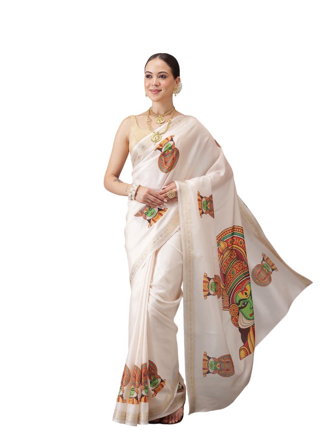 Kathakali Mural Printed Kerla Kasavu Art Silk Saree With Printed Blouse-image-18