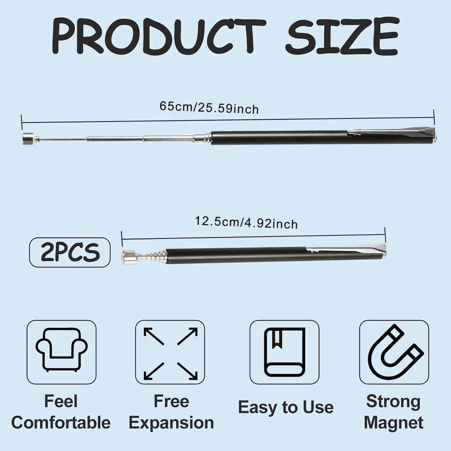 WUBAYI 2 herramientas telescópicas de recogida magnética, palo magnético y bolígrafo de recuperación, se extiende hasta 64 cm con fuerza de 1.5 libras, negro + plateado con clip de bolsillo (agarrador