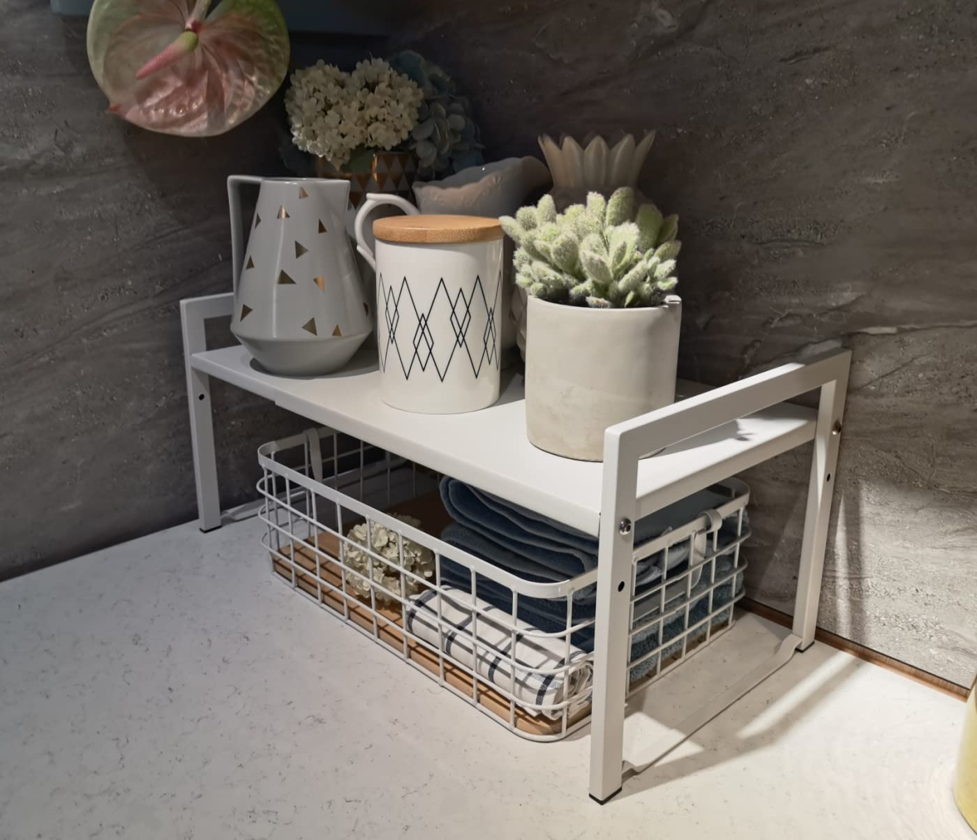 Expandable Cabinet Shelf Organizer 16-26" L Stackable Kitchen Counter Shelf Rack Stand Sink Riser Countertop Storage White (Wide 10.6”D)